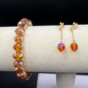 Vintage Faceted Amber Bead Stretch Bracelet with Dangle Earrings